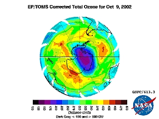 2002年10月9日の南極のオゾン分布